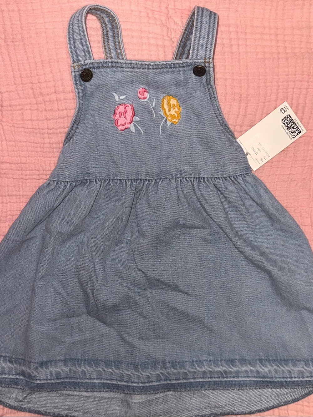 H&M Light Blue Denim Pinafore Dress with Pink & Yellow Floral Embroidery